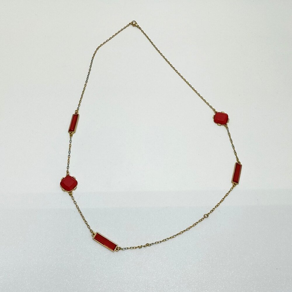 Coral Red Gold-Tone Station Necklace Geometric Accents Must Have Accessory